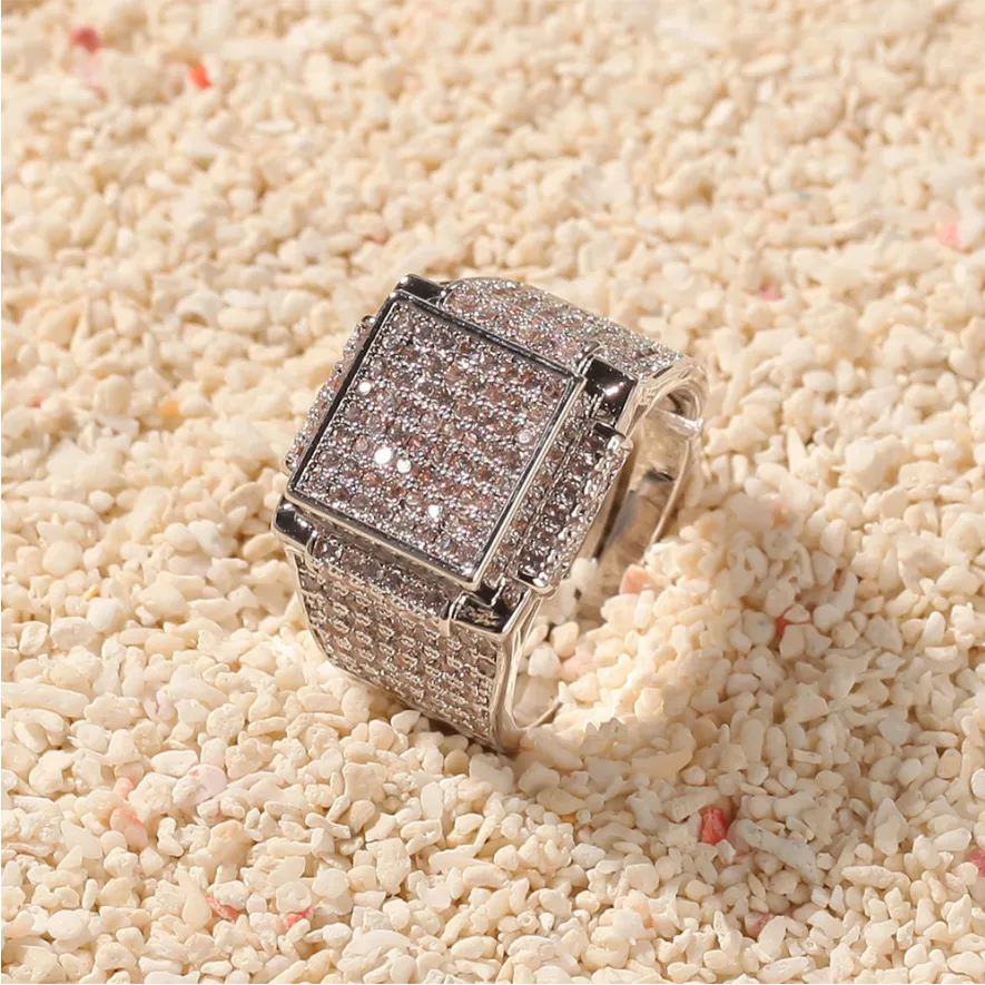 White Gold Iced Square Bling Ring