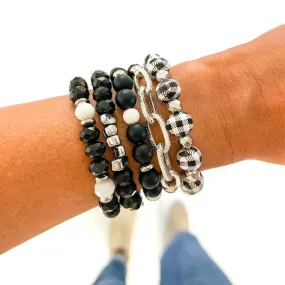 White w/ Chain Buffalo Plaid Bracelet Stack - Silver