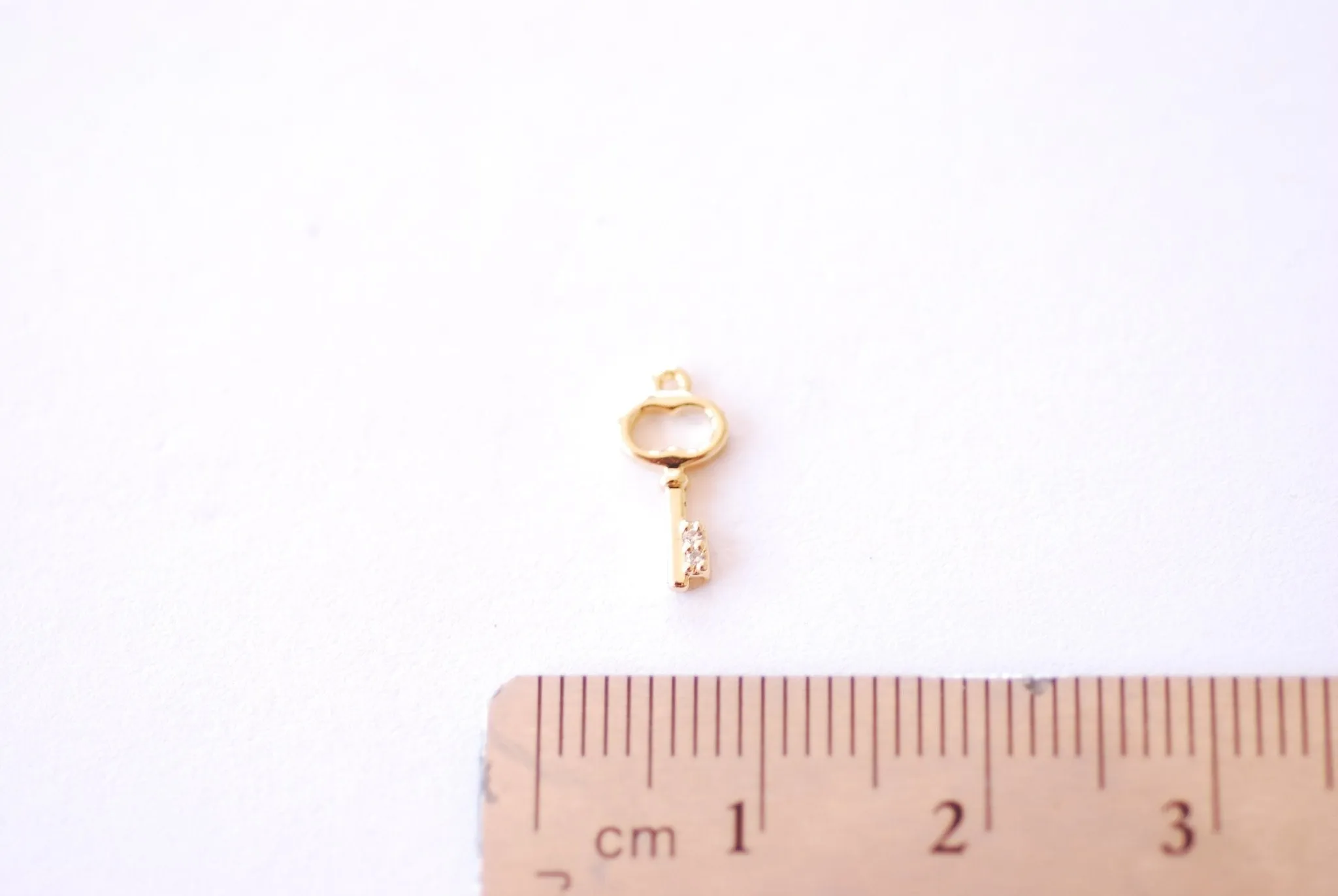 Wholesale Small Dainty Key Charm | 16K Gold Plated over Brass CZ Cubic Zirconia | Tiny Gold Lock Key Pendant Brass Charms B326