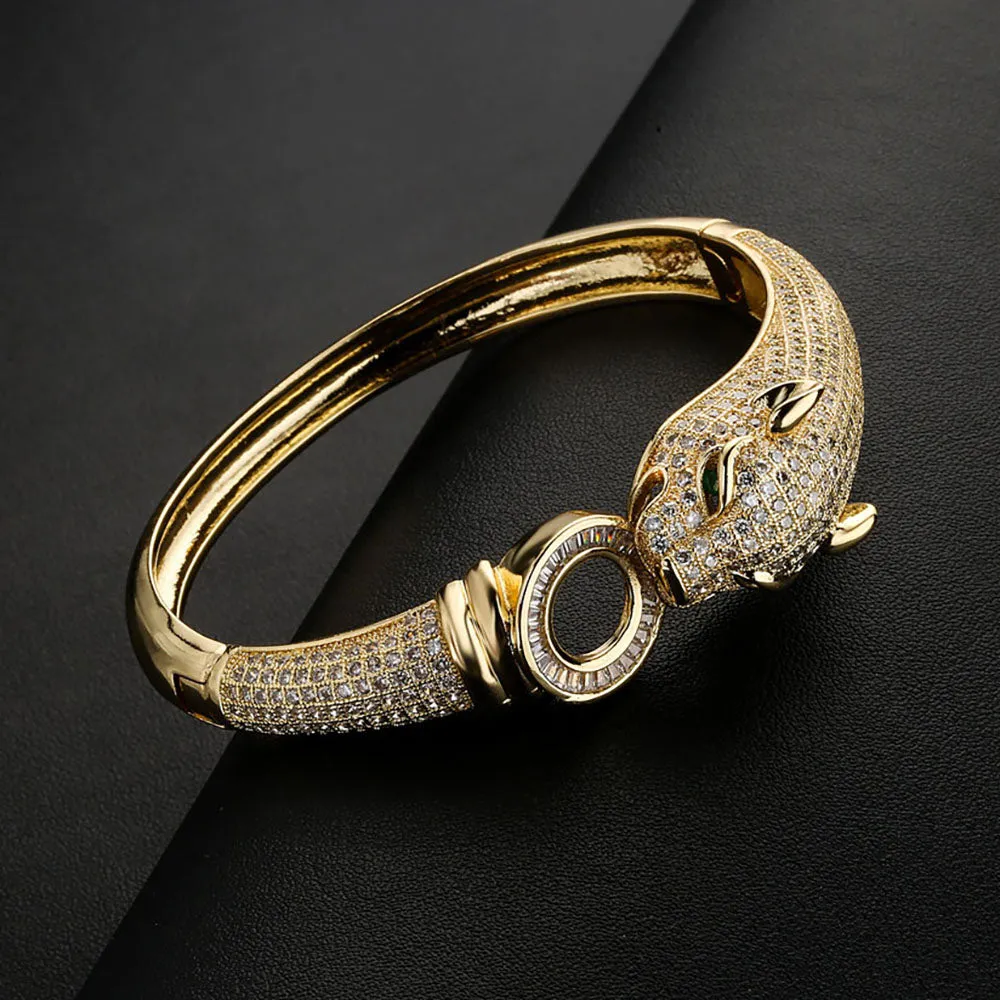 Stylish Womens Iced-Out Panther Jaguar Hinged Bangle Bracelet