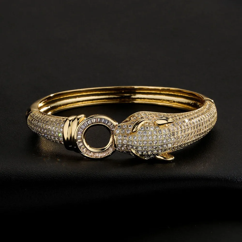 Stylish Womens Iced-Out Panther Jaguar Hinged Bangle Bracelet